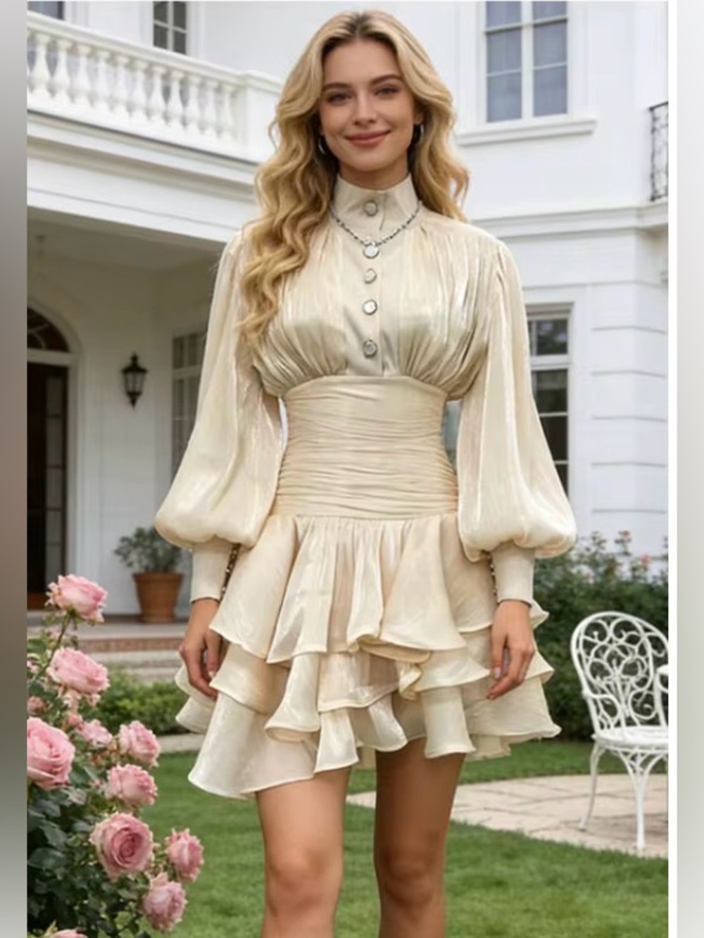 Elegant Cream Ruffle Tiered Mini Dress